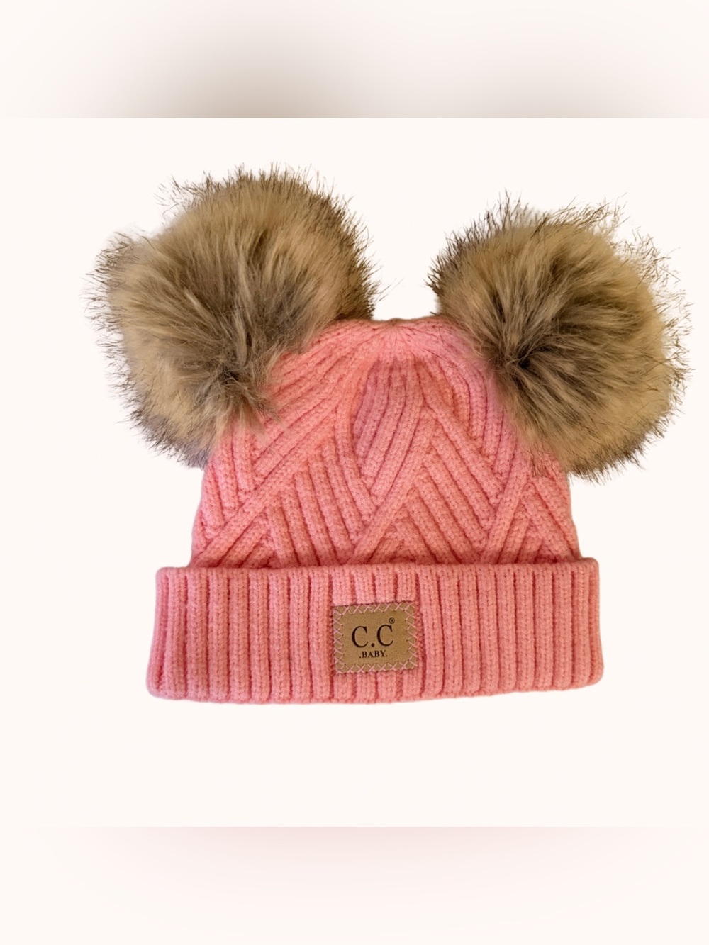 C.C Pink Knit Beanie with Double Faux Fur Poms